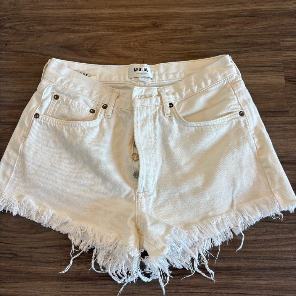 AGOLDE White High Rise Distressed Denim Shorts Raw Hem Size 26